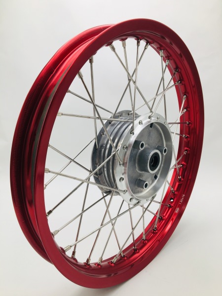 Speichenrad 1,60x16 Zoll Alufelge, rot eloxiert und poliert + Edelstahlspeichen
