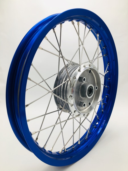 Speichenrad 1,60x16 Zoll Alufelge, blau eloxiert und poliert + Edelstahlspeichen