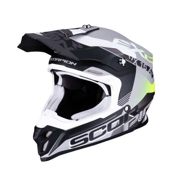 Scorpion Exo VX-16 Motocross-Helm ARHUS Silber-Schwarz-Neon Gelb